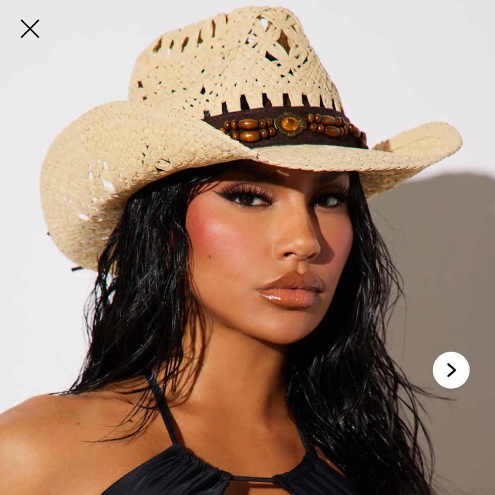 Fashion Nova Natural Straw Cowboy Hat with Beaded Accent